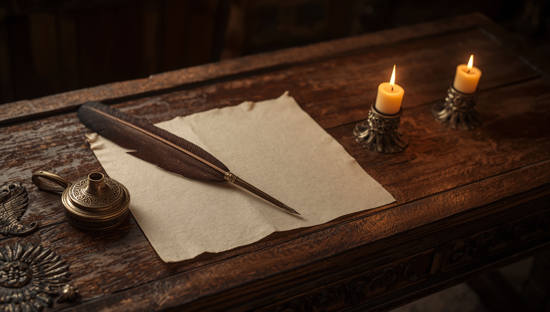 picture of a ink pen and ink on parchment paper